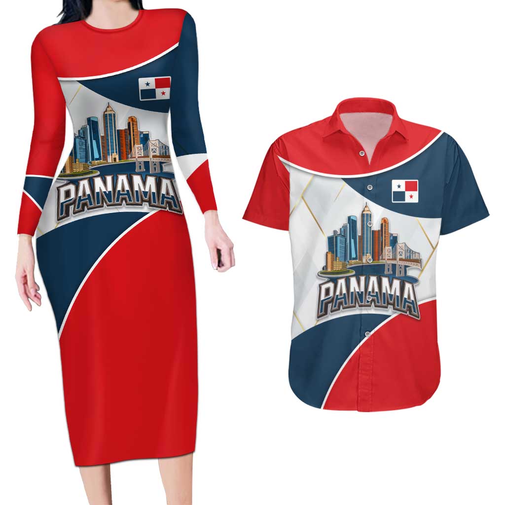 Panama City Skyline Couples Matching Long Sleeve Bodycon Dress and Hawaiian Shirt with National Coat of Arms and Red Blue Flag Theme - Wonder Print Shop