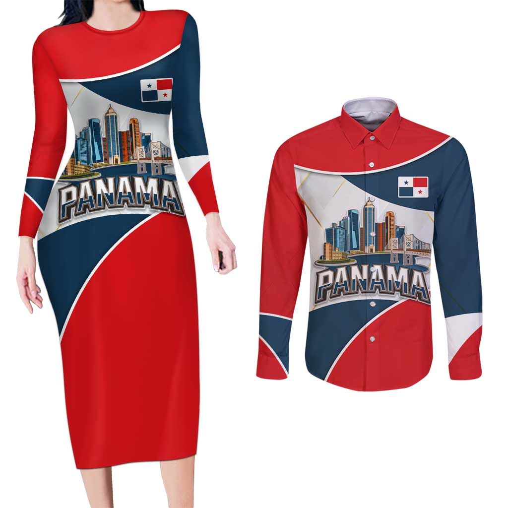 Panama City Skyline Couples Matching Long Sleeve Bodycon Dress and Long Sleeve Button Shirt with National Coat of Arms and Red Blue Flag Theme - Wonder Print Shop