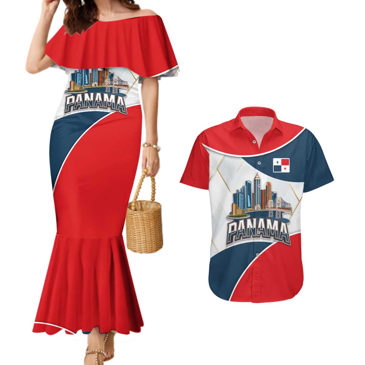 Panama City Skyline Couples Matching Mermaid Dress and Hawaiian Shirt with National Coat of Arms and Red Blue Flag Theme - Wonder Print Shop