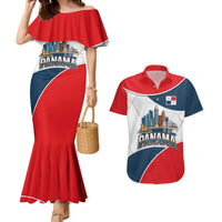 Panama City Skyline Couples Matching Mermaid Dress and Hawaiian Shirt with National Coat of Arms and Red Blue Flag Theme - Wonder Print Shop