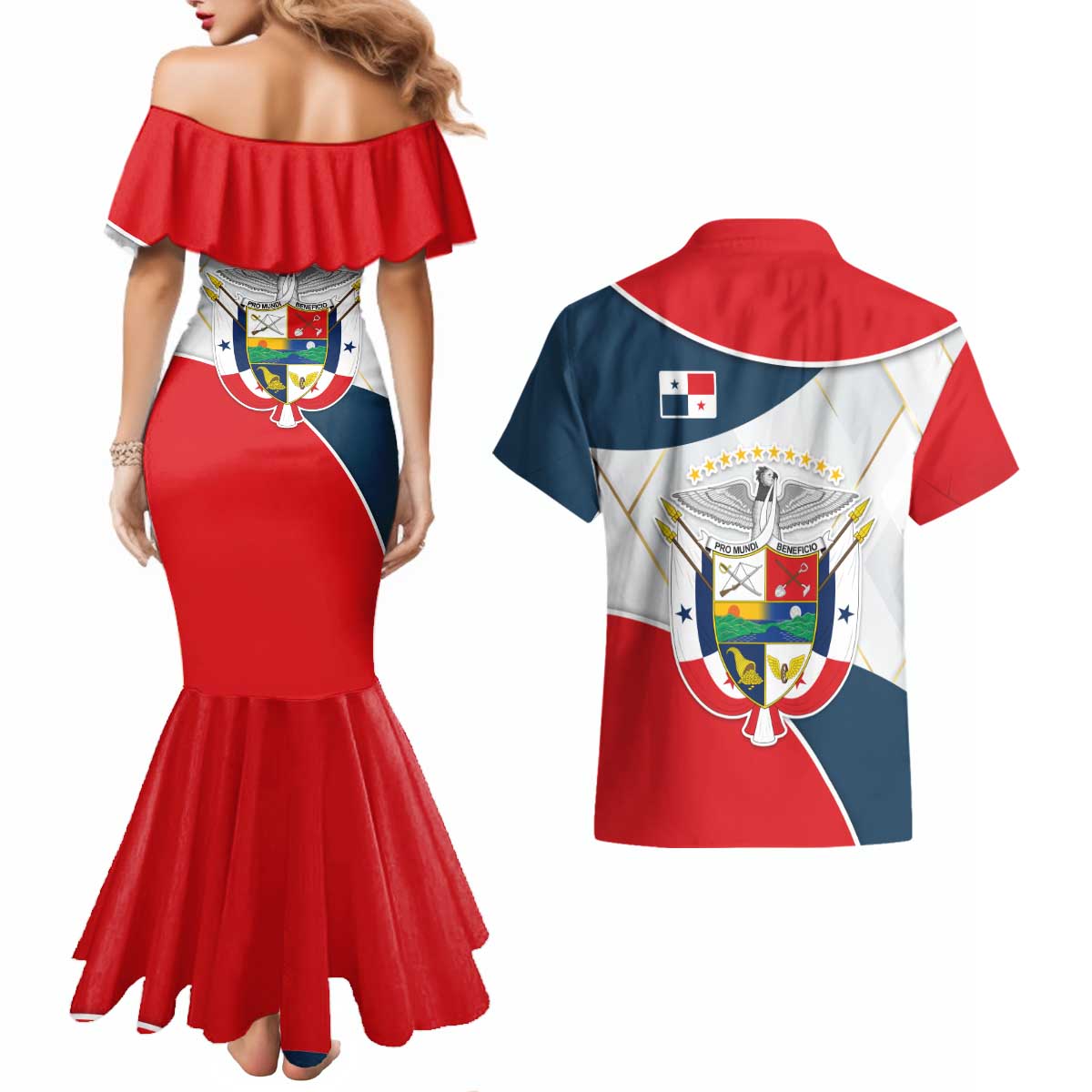Panama City Skyline Couples Matching Mermaid Dress and Hawaiian Shirt with National Coat of Arms and Red Blue Flag Theme - Wonder Print Shop