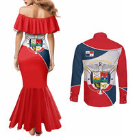 Panama City Skyline Couples Matching Mermaid Dress and Long Sleeve Button Shirt with National Coat of Arms and Red Blue Flag Theme - Wonder Print Shop