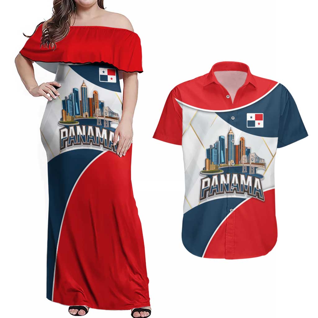 Panama City Skyline Couples Matching Off Shoulder Maxi Dress and Hawaiian Shirt with National Coat of Arms and Red Blue Flag Theme - Wonder Print Shop