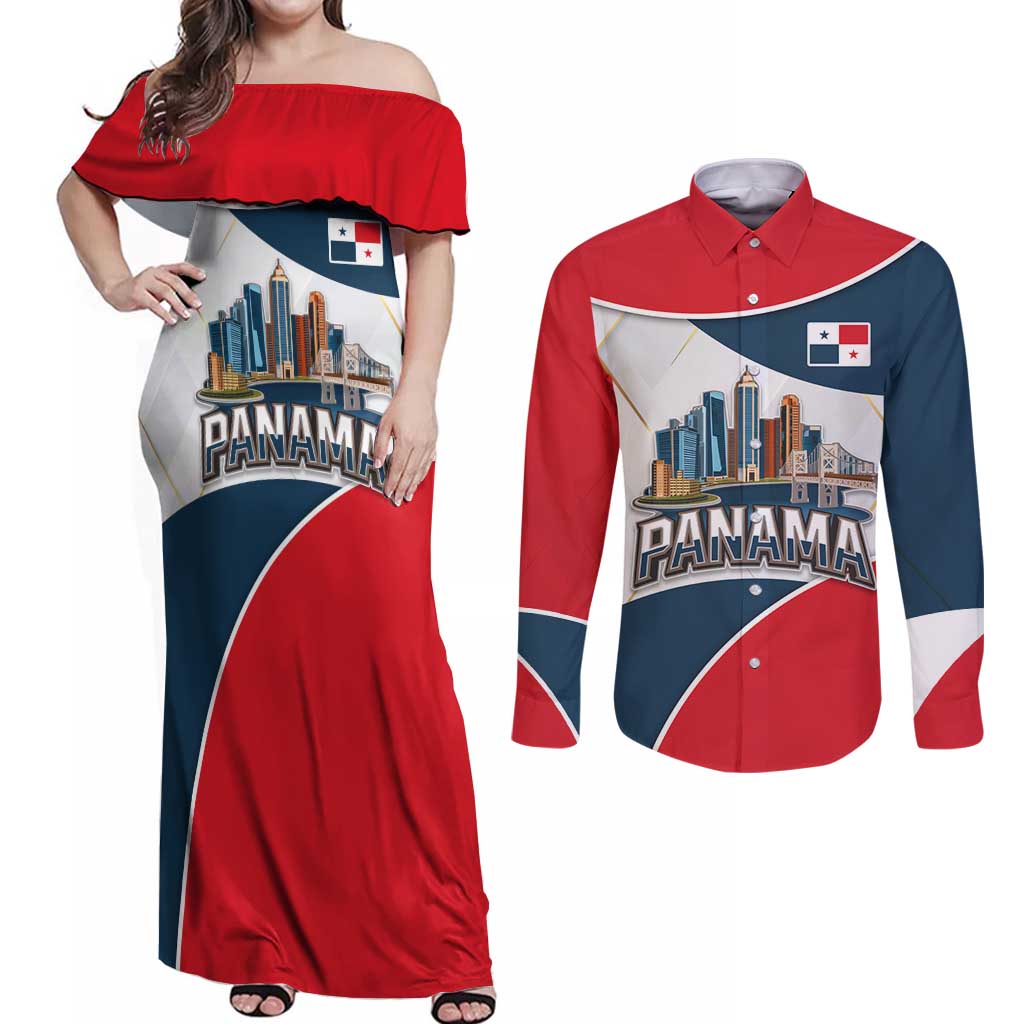 Panama City Skyline Couples Matching Off Shoulder Maxi Dress and Long Sleeve Button Shirt with National Coat of Arms and Red Blue Flag Theme - Wonder Print Shop