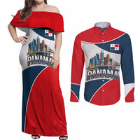 Panama City Skyline Couples Matching Off Shoulder Maxi Dress and Long Sleeve Button Shirt with National Coat of Arms and Red Blue Flag Theme - Wonder Print Shop