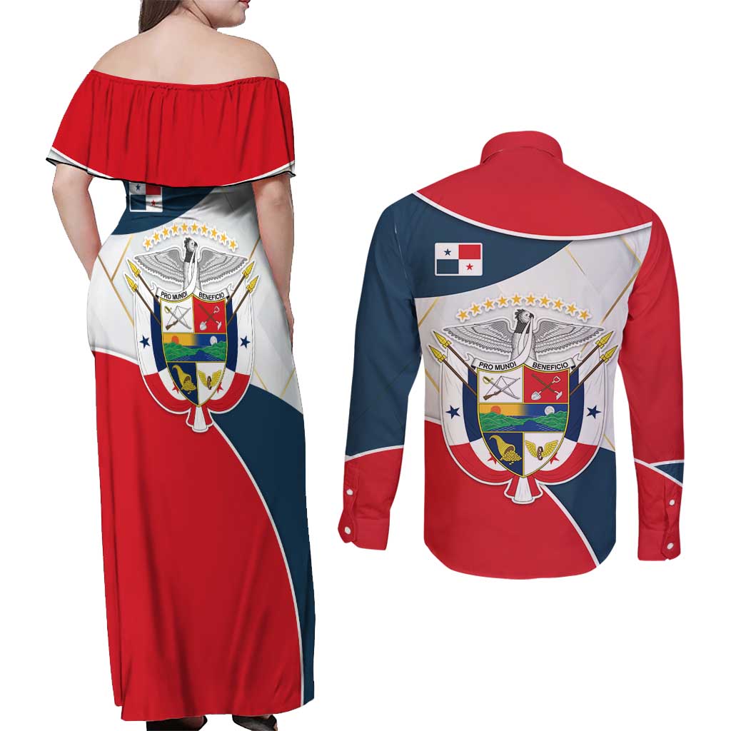 Panama City Skyline Couples Matching Off Shoulder Maxi Dress and Long Sleeve Button Shirt with National Coat of Arms and Red Blue Flag Theme - Wonder Print Shop