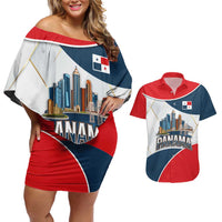 Panama City Skyline Couples Matching Off Shoulder Short Dress and Hawaiian Shirt with National Coat of Arms and Red Blue Flag Theme - Wonder Print Shop