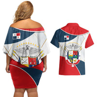 Panama City Skyline Couples Matching Off Shoulder Short Dress and Hawaiian Shirt with National Coat of Arms and Red Blue Flag Theme - Wonder Print Shop