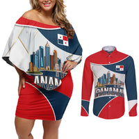 Panama City Skyline Couples Matching Off Shoulder Short Dress and Long Sleeve Button Shirt with National Coat of Arms and Red Blue Flag Theme - Wonder Print Shop