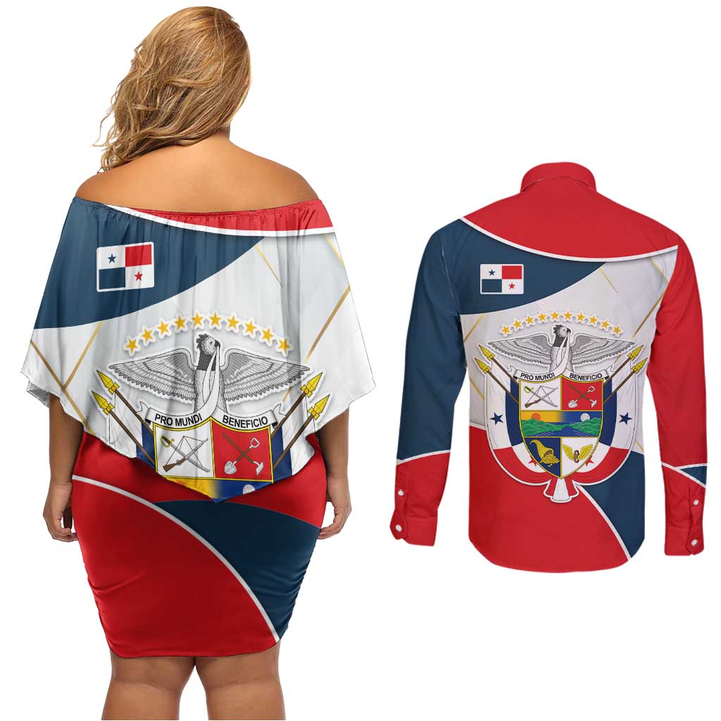 Panama City Skyline Couples Matching Off Shoulder Short Dress and Long Sleeve Button Shirt with National Coat of Arms and Red Blue Flag Theme - Wonder Print Shop