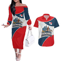 Panama City Skyline Couples Matching Off The Shoulder Long Sleeve Dress and Hawaiian Shirt with National Coat of Arms and Red Blue Flag Theme - Wonder Print Shop