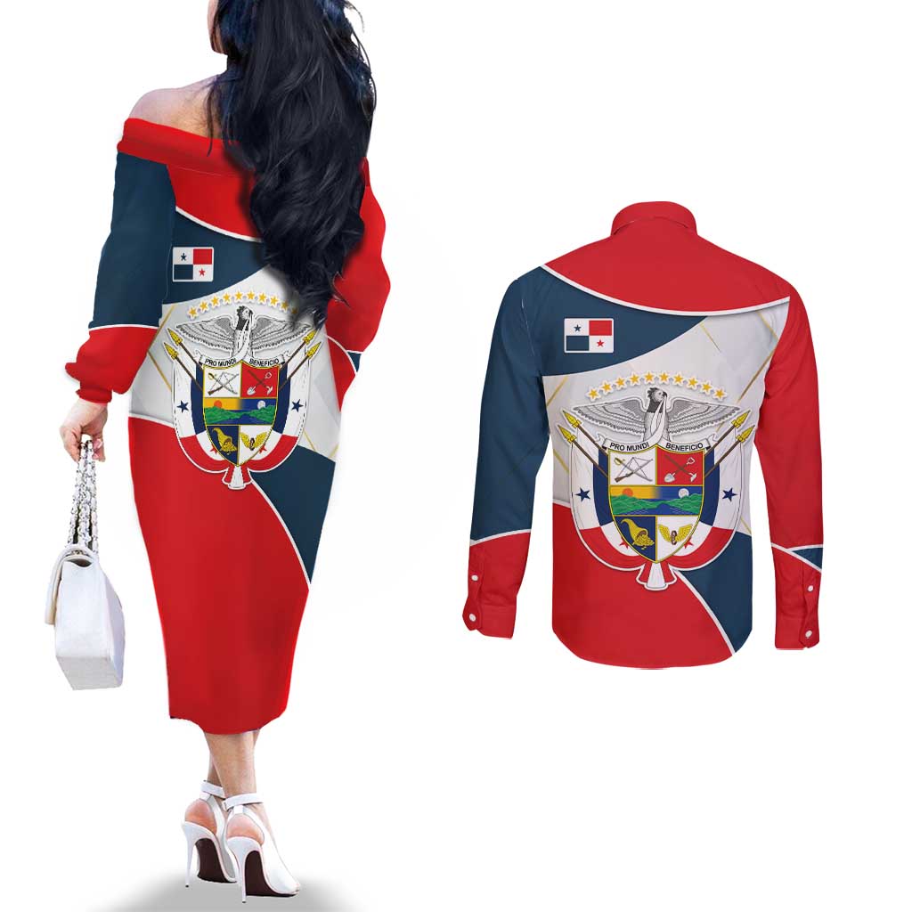 Panama City Skyline Couples Matching Off The Shoulder Long Sleeve Dress and Long Sleeve Button Shirt with National Coat of Arms and Red Blue Flag Theme - Wonder Print Shop