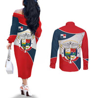 Panama City Skyline Couples Matching Off The Shoulder Long Sleeve Dress and Long Sleeve Button Shirt with National Coat of Arms and Red Blue Flag Theme - Wonder Print Shop