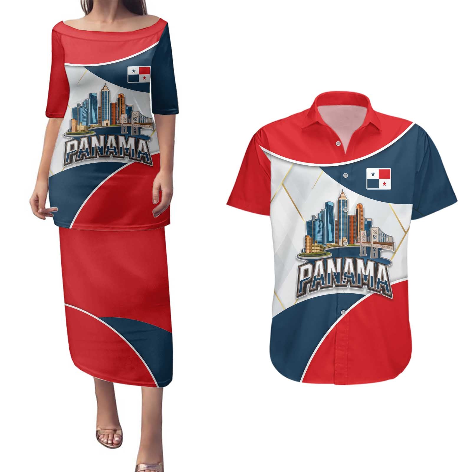 Panama City Skyline Couples Matching Puletasi and Hawaiian Shirt with National Coat of Arms and Red Blue Flag Theme - Wonder Print Shop