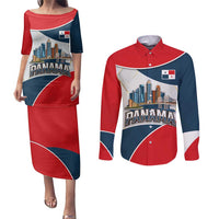 Panama City Skyline Couples Matching Puletasi and Long Sleeve Button Shirt with National Coat of Arms and Red Blue Flag Theme - Wonder Print Shop