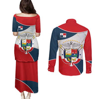 Panama City Skyline Couples Matching Puletasi and Long Sleeve Button Shirt with National Coat of Arms and Red Blue Flag Theme - Wonder Print Shop