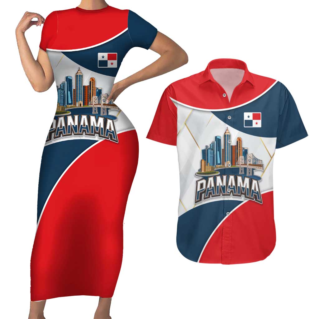 Panama City Skyline Couples Matching Short Sleeve Bodycon Dress and Hawaiian Shirt with National Coat of Arms and Red Blue Flag Theme - Wonder Print Shop