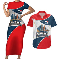 Panama City Skyline Couples Matching Short Sleeve Bodycon Dress and Hawaiian Shirt with National Coat of Arms and Red Blue Flag Theme - Wonder Print Shop