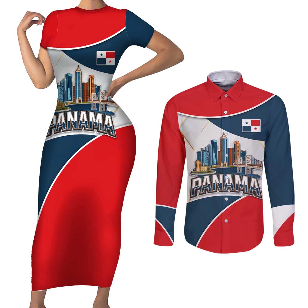 Panama City Skyline Couples Matching Short Sleeve Bodycon Dress and Long Sleeve Button Shirt with National Coat of Arms and Red Blue Flag Theme - Wonder Print Shop