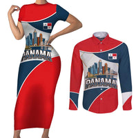 Panama City Skyline Couples Matching Short Sleeve Bodycon Dress and Long Sleeve Button Shirt with National Coat of Arms and Red Blue Flag Theme - Wonder Print Shop