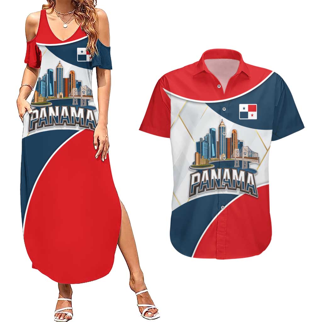 Panama City Skyline Couples Matching Summer Maxi Dress and Hawaiian Shirt with National Coat of Arms and Red Blue Flag Theme - Wonder Print Shop