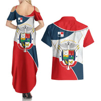 Panama City Skyline Couples Matching Summer Maxi Dress and Hawaiian Shirt with National Coat of Arms and Red Blue Flag Theme - Wonder Print Shop