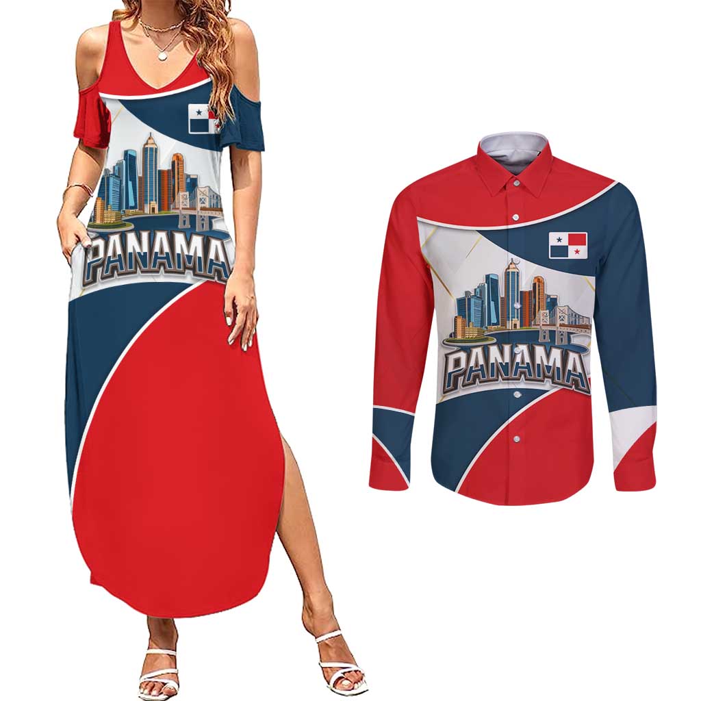 Panama City Skyline Couples Matching Summer Maxi Dress and Long Sleeve Button Shirt with National Coat of Arms and Red Blue Flag Theme - Wonder Print Shop