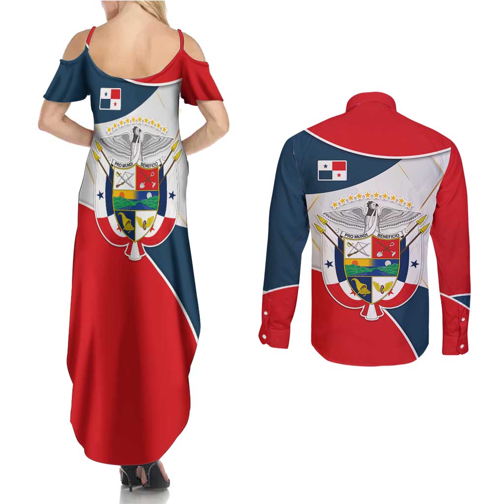 Panama City Skyline Couples Matching Summer Maxi Dress and Long Sleeve Button Shirt with National Coat of Arms and Red Blue Flag Theme - Wonder Print Shop
