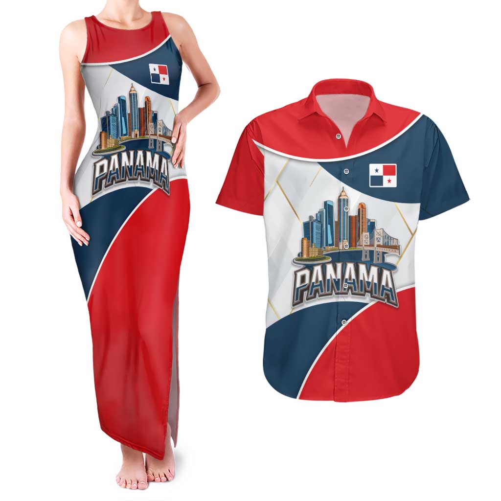 Panama City Skyline Couples Matching Tank Maxi Dress and Hawaiian Shirt with National Coat of Arms and Red Blue Flag Theme - Wonder Print Shop