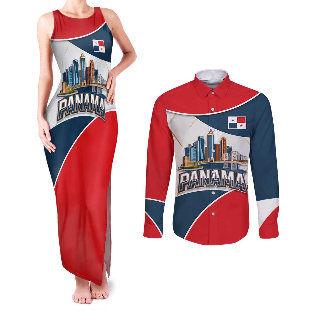 Panama City Skyline Couples Matching Tank Maxi Dress and Long Sleeve Button Shirt with National Coat of Arms and Red Blue Flag Theme - Wonder Print Shop
