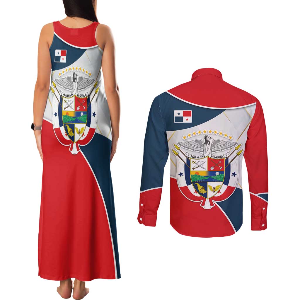 Panama City Skyline Couples Matching Tank Maxi Dress and Long Sleeve Button Shirt with National Coat of Arms and Red Blue Flag Theme - Wonder Print Shop