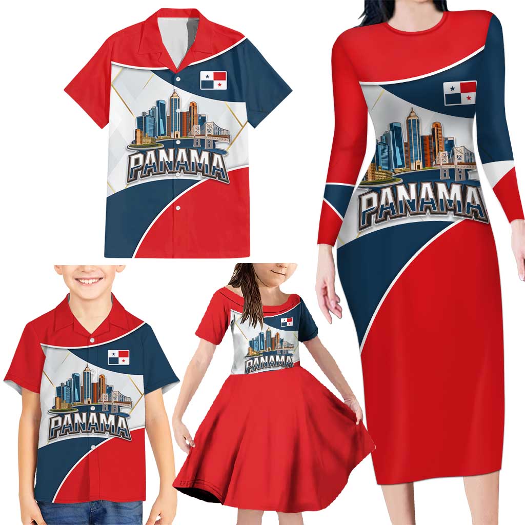 Panama City Skyline Family Matching Long Sleeve Bodycon Dress and Hawaiian Shirt with National Coat of Arms and Red Blue Flag Theme - Wonder Print Shop