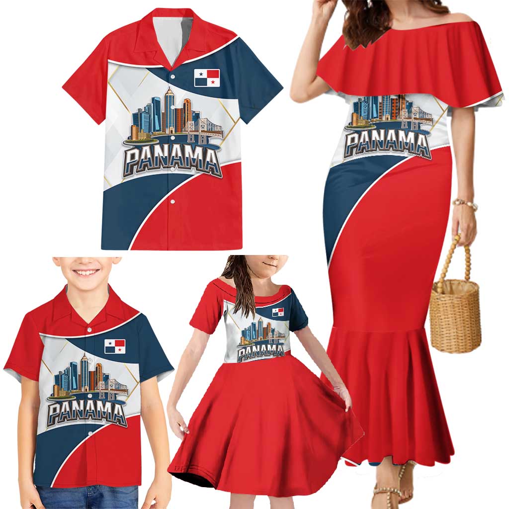 Panama City Skyline Family Matching Mermaid Dress and Hawaiian Shirt with National Coat of Arms and Red Blue Flag Theme - Wonder Print Shop