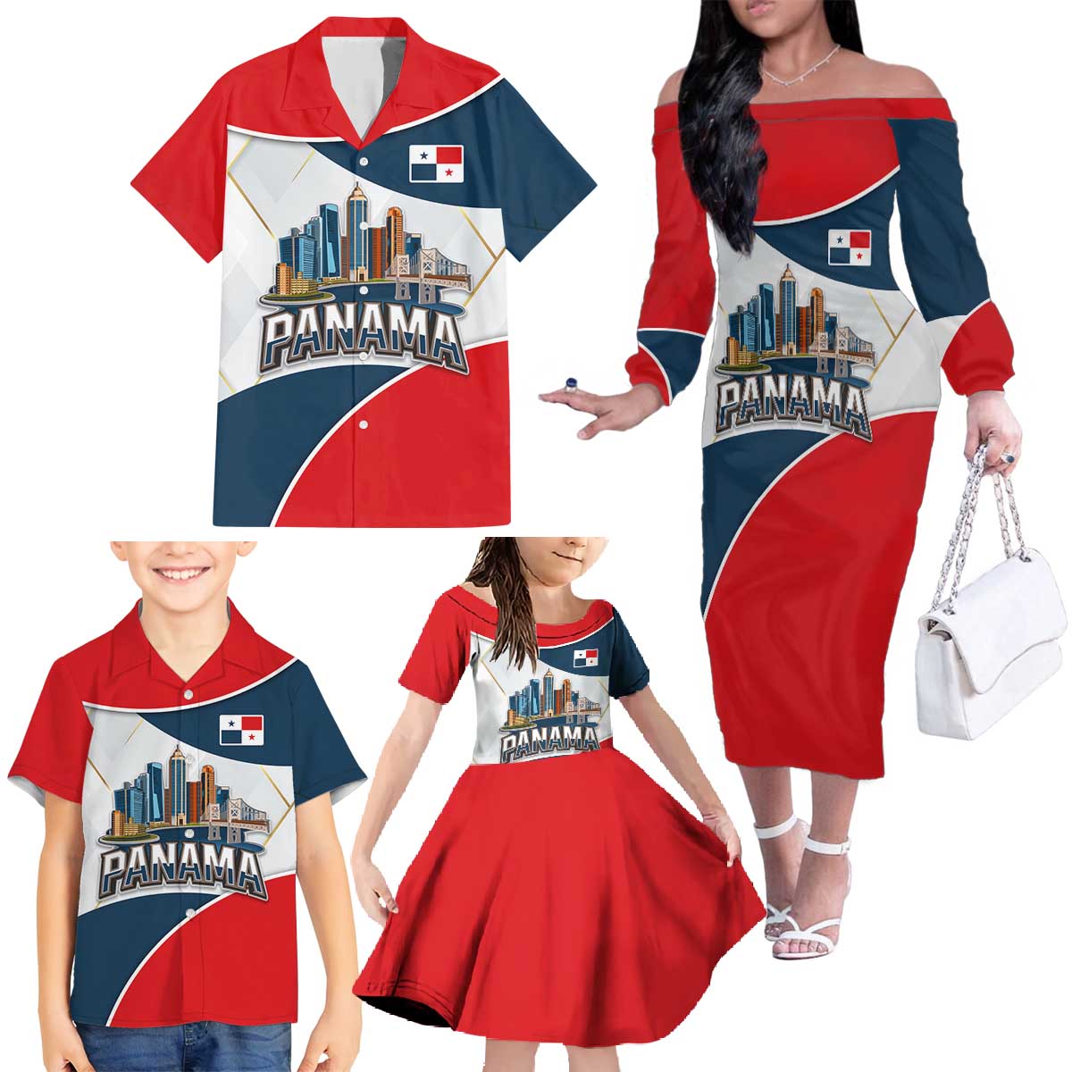 Panama City Skyline Family Matching Off The Shoulder Long Sleeve Dress and Hawaiian Shirt with National Coat of Arms and Red Blue Flag Theme - Wonder Print Shop