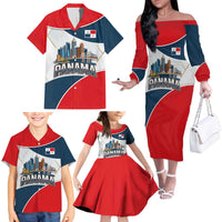 Panama City Skyline Family Matching Off The Shoulder Long Sleeve Dress and Hawaiian Shirt with National Coat of Arms and Red Blue Flag Theme - Wonder Print Shop