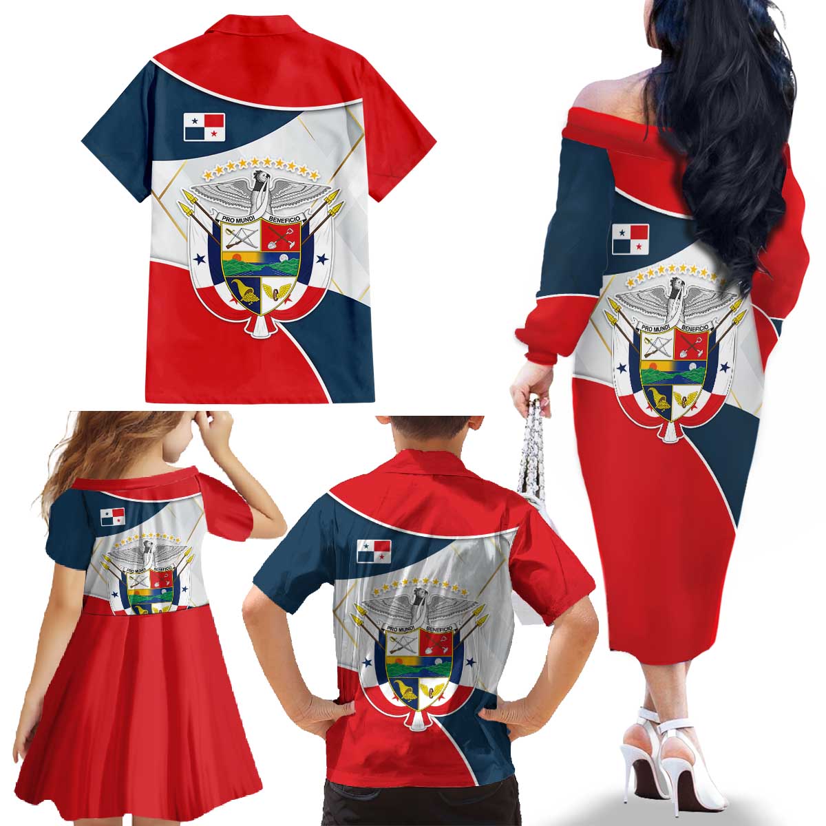 Panama City Skyline Family Matching Off The Shoulder Long Sleeve Dress and Hawaiian Shirt with National Coat of Arms and Red Blue Flag Theme - Wonder Print Shop