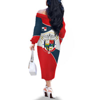 Panama City Skyline Family Matching Off The Shoulder Long Sleeve Dress and Hawaiian Shirt with National Coat of Arms and Red Blue Flag Theme - Wonder Print Shop