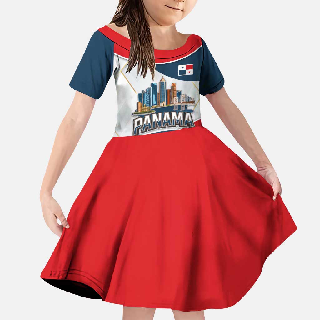 Panama City Skyline Family Matching Off Shoulder Maxi Dress and Hawaiian Shirt with National Coat of Arms and Red Blue Flag Theme - Wonder Print Shop