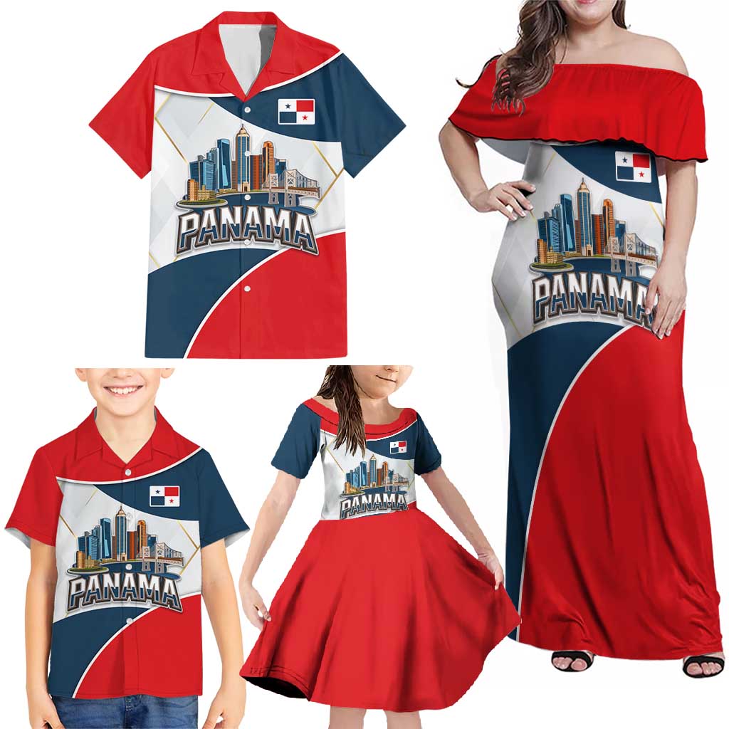 Panama City Skyline Family Matching Off Shoulder Maxi Dress and Hawaiian Shirt with National Coat of Arms and Red Blue Flag Theme - Wonder Print Shop