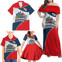 Panama City Skyline Family Matching Off Shoulder Maxi Dress and Hawaiian Shirt with National Coat of Arms and Red Blue Flag Theme - Wonder Print Shop