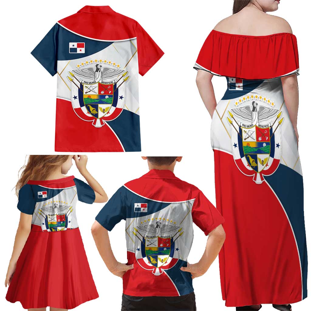 Panama City Skyline Family Matching Off Shoulder Maxi Dress and Hawaiian Shirt with National Coat of Arms and Red Blue Flag Theme - Wonder Print Shop