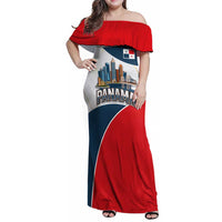 Panama City Skyline Family Matching Off Shoulder Maxi Dress and Hawaiian Shirt with National Coat of Arms and Red Blue Flag Theme - Wonder Print Shop