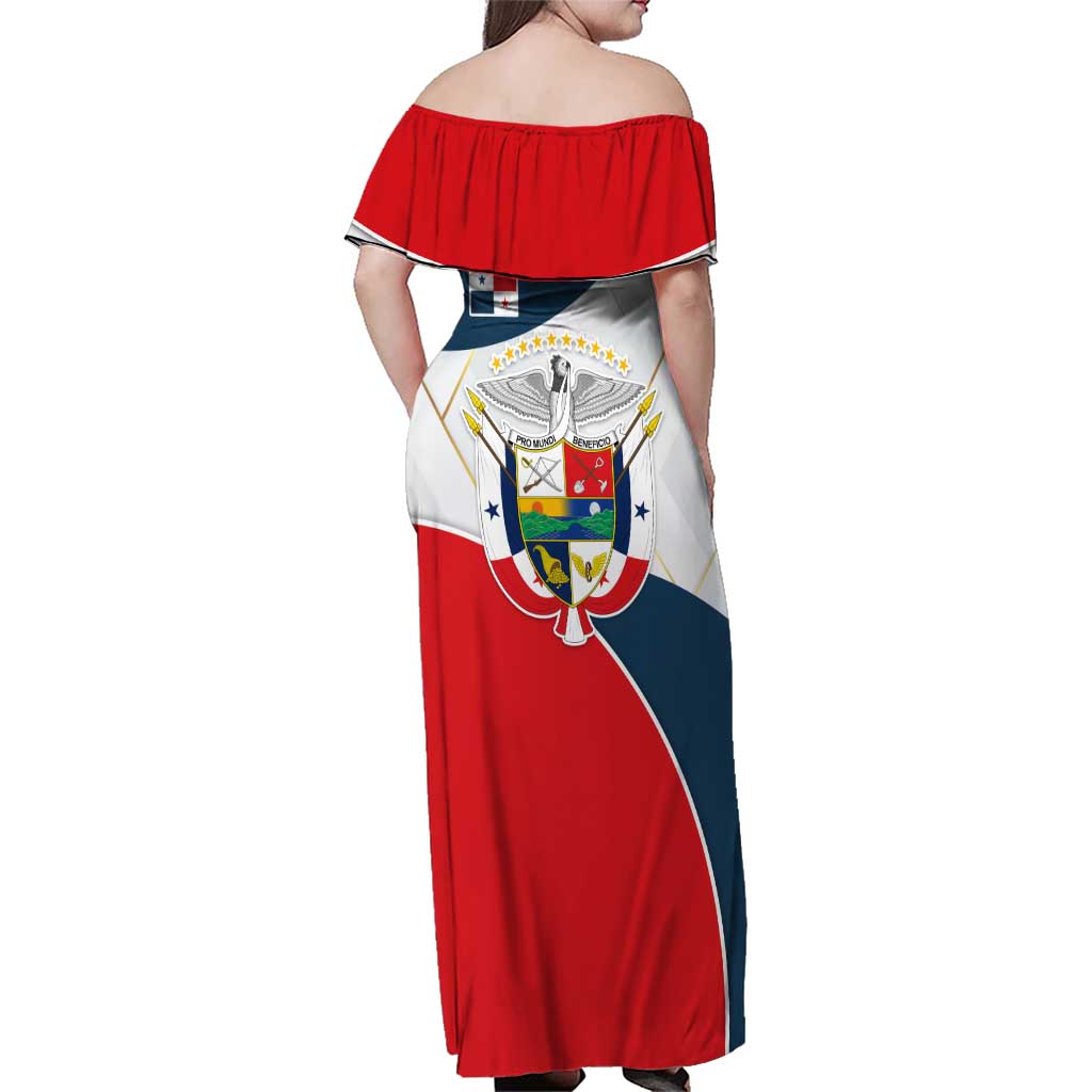 Panama City Skyline Family Matching Off Shoulder Maxi Dress and Hawaiian Shirt with National Coat of Arms and Red Blue Flag Theme - Wonder Print Shop