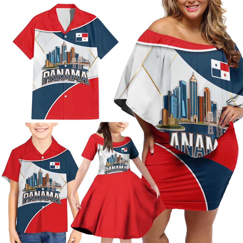 Panama City Skyline Family Matching Off Shoulder Short Dress and Hawaiian Shirt with National Coat of Arms and Red Blue Flag Theme - Wonder Print Shop