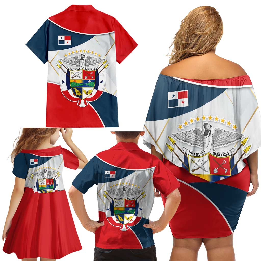 Panama City Skyline Family Matching Off Shoulder Short Dress and Hawaiian Shirt with National Coat of Arms and Red Blue Flag Theme - Wonder Print Shop