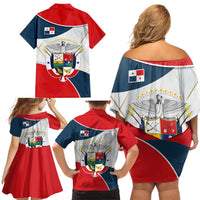 Panama City Skyline Family Matching Off Shoulder Short Dress and Hawaiian Shirt with National Coat of Arms and Red Blue Flag Theme - Wonder Print Shop