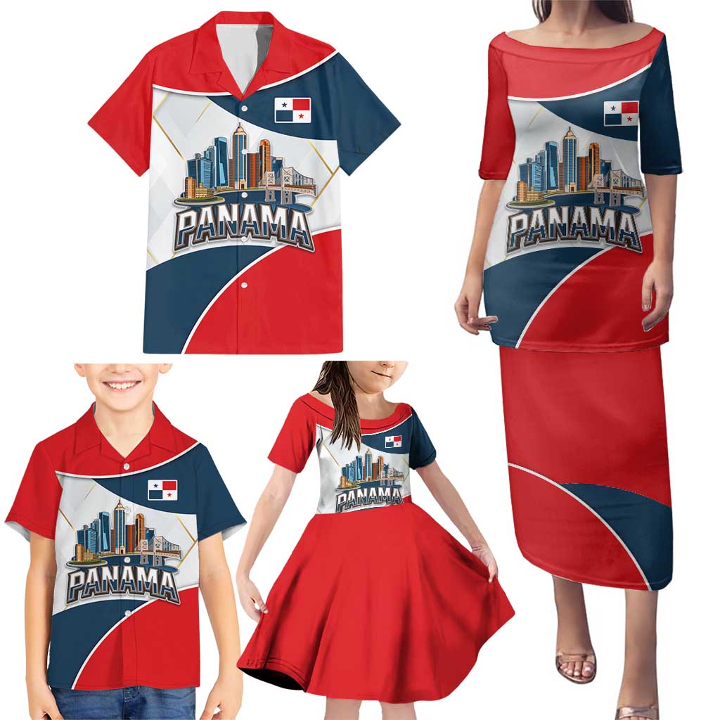 Panama City Skyline Family Matching Puletasi and Hawaiian Shirt with National Coat of Arms and Red Blue Flag Theme - Wonder Print Shop
