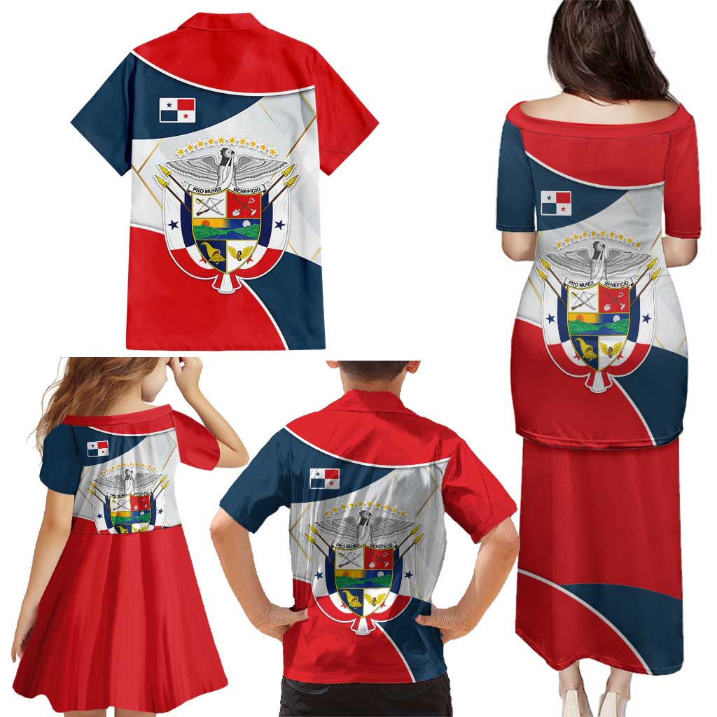 Panama City Skyline Family Matching Puletasi and Hawaiian Shirt with National Coat of Arms and Red Blue Flag Theme - Wonder Print Shop
