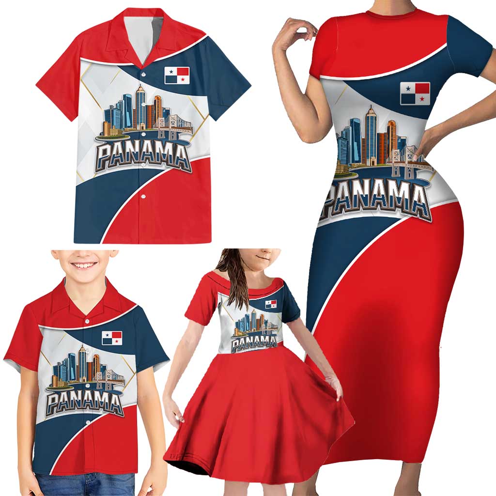Panama City Skyline Family Matching Short Sleeve Bodycon Dress and Hawaiian Shirt with National Coat of Arms and Red Blue Flag Theme - Wonder Print Shop