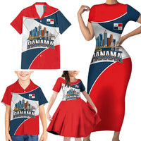 Panama City Skyline Family Matching Short Sleeve Bodycon Dress and Hawaiian Shirt with National Coat of Arms and Red Blue Flag Theme - Wonder Print Shop